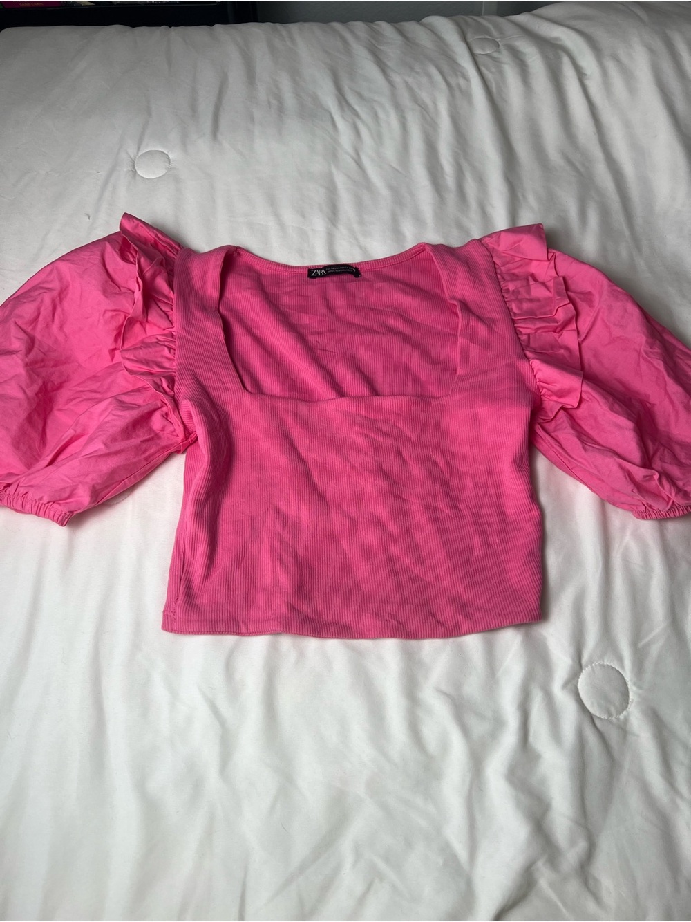 Zara Hot Pink Puff-Sleeve Square Neck Crop Top